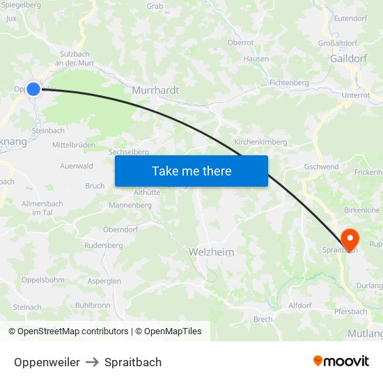 Oppenweiler to Spraitbach map