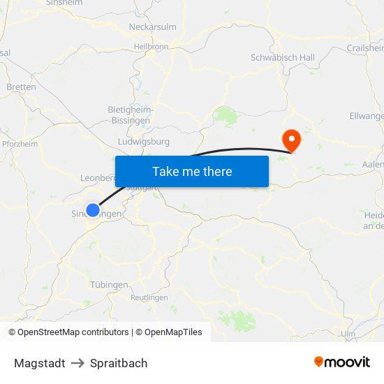 Magstadt to Spraitbach map