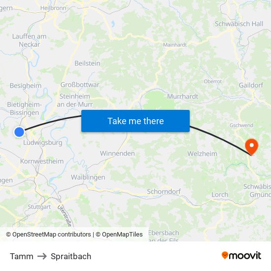 Tamm to Spraitbach map