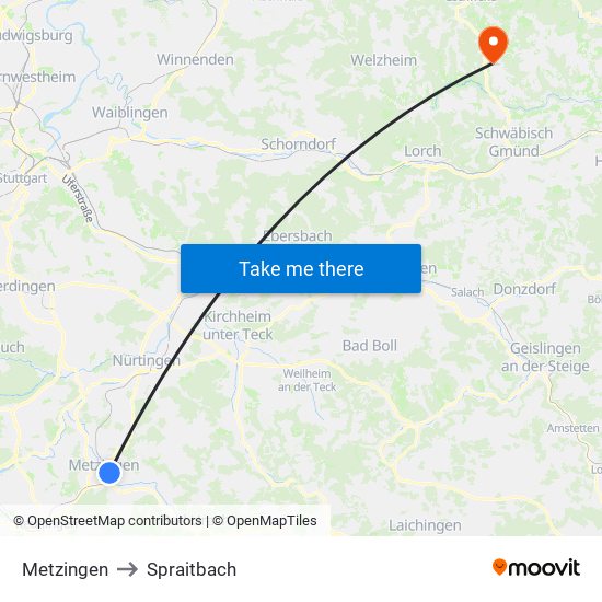 Metzingen to Spraitbach map