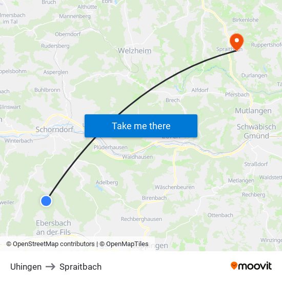 Uhingen to Spraitbach map