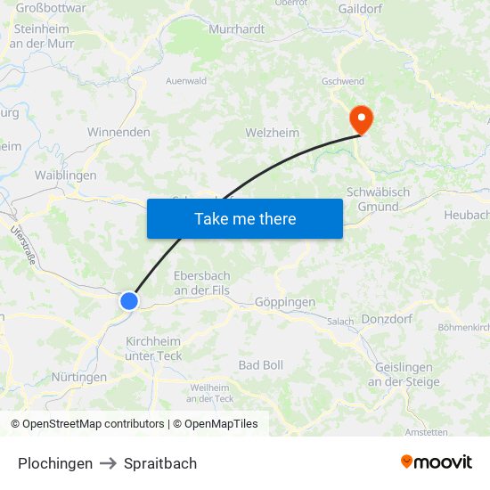 Plochingen to Spraitbach map