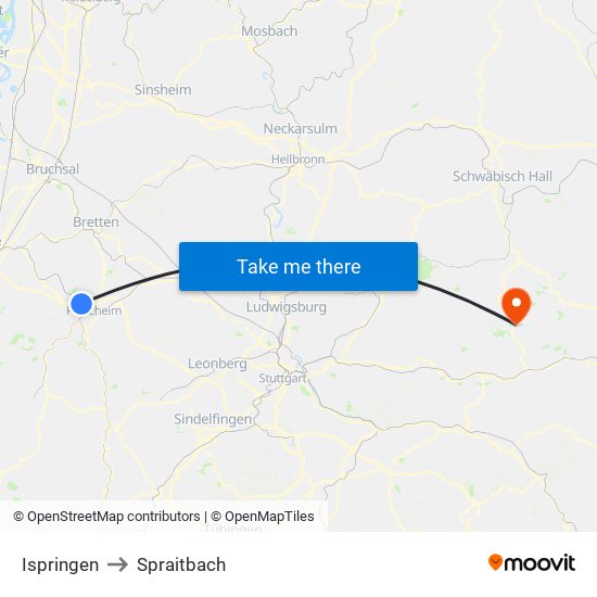 Ispringen to Spraitbach map