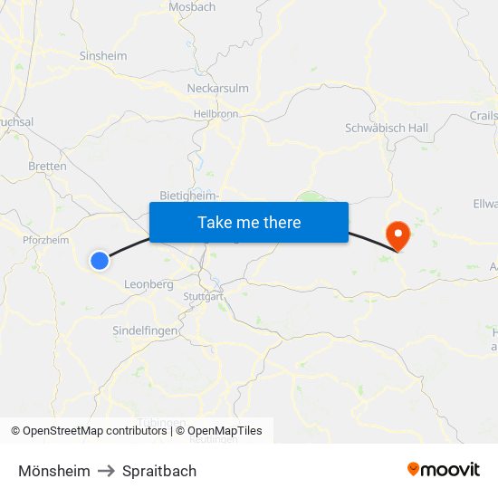 Mönsheim to Spraitbach map