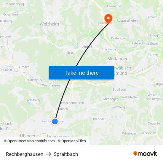 Rechberghausen to Spraitbach map