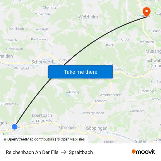 Reichenbach An Der Fils to Spraitbach map