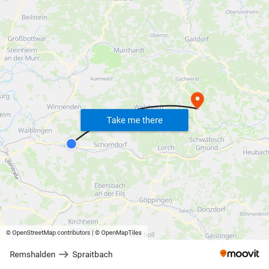Remshalden to Spraitbach map