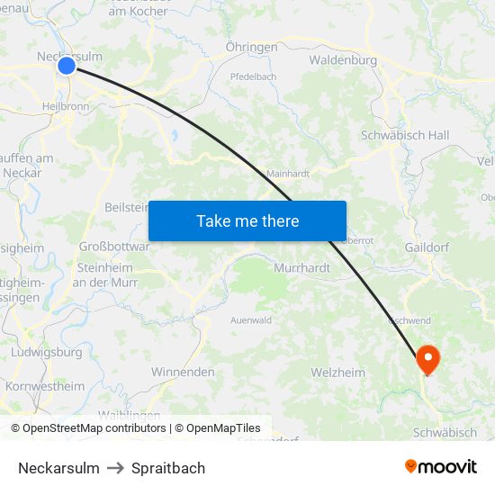 Neckarsulm to Spraitbach map