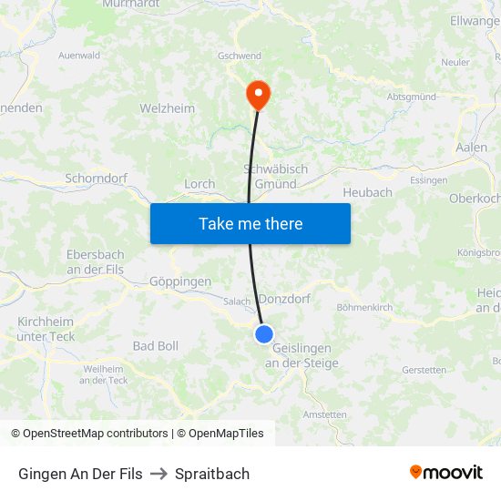 Gingen An Der Fils to Spraitbach map