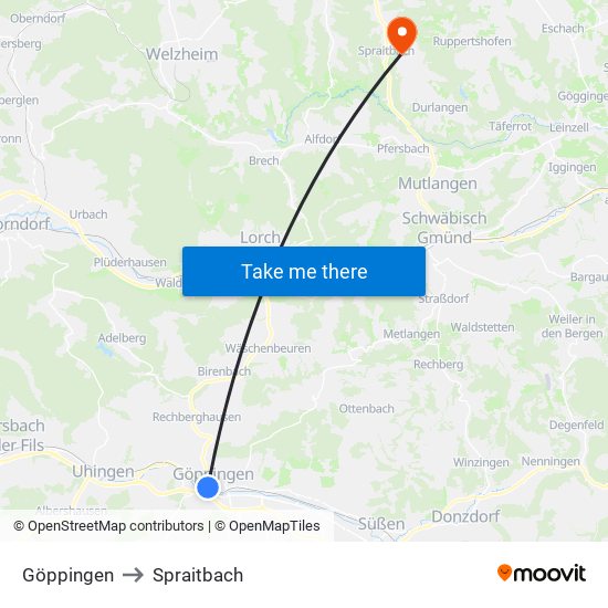 Göppingen to Spraitbach map