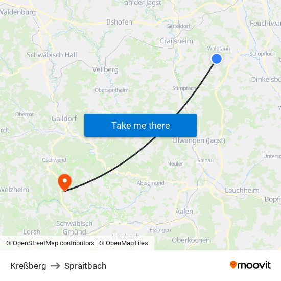 Kreßberg to Spraitbach map