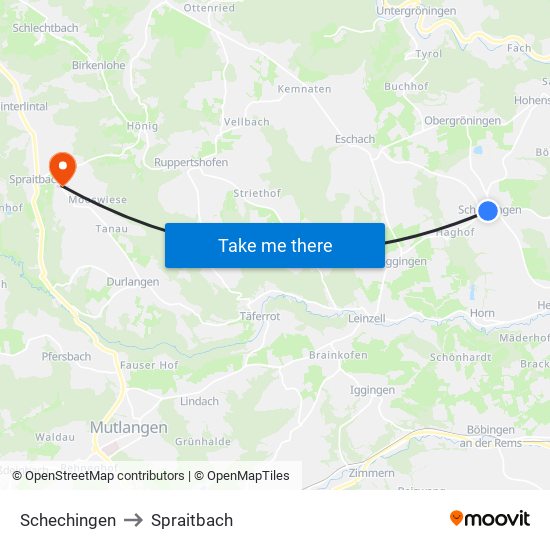 Schechingen to Spraitbach map