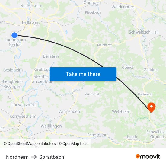Nordheim to Spraitbach map