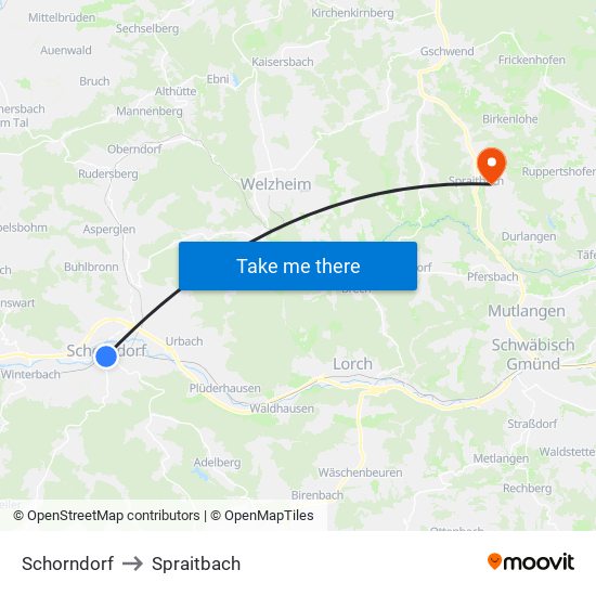 Schorndorf to Spraitbach map