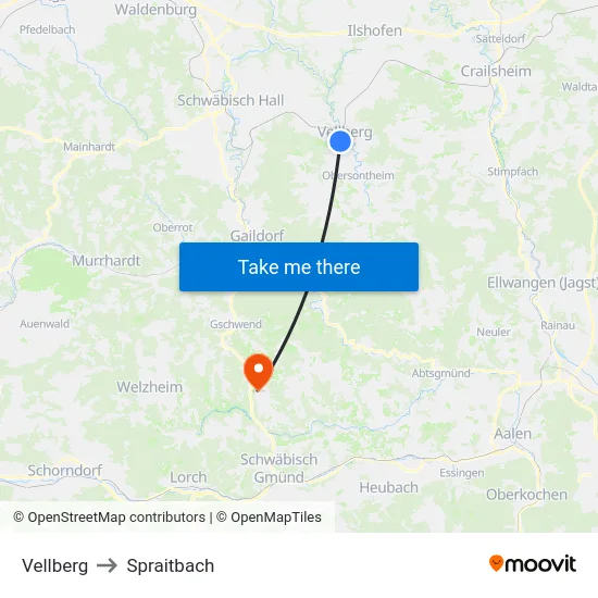Vellberg to Spraitbach map
