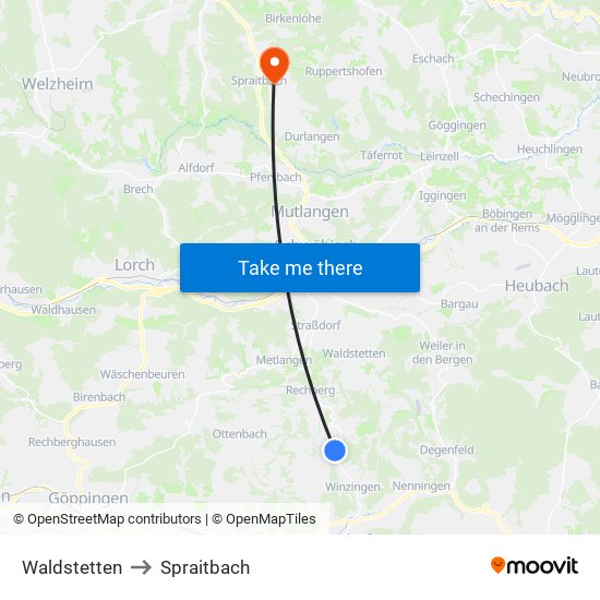 Waldstetten to Spraitbach map