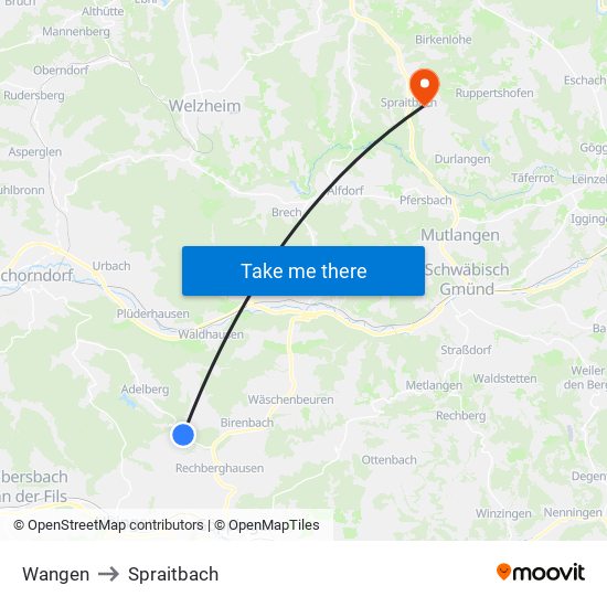 Wangen to Spraitbach map