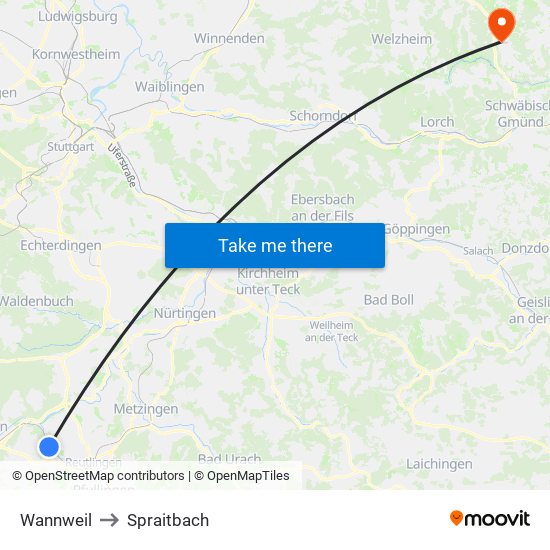 Wannweil to Spraitbach map