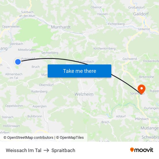 Weissach Im Tal to Spraitbach map