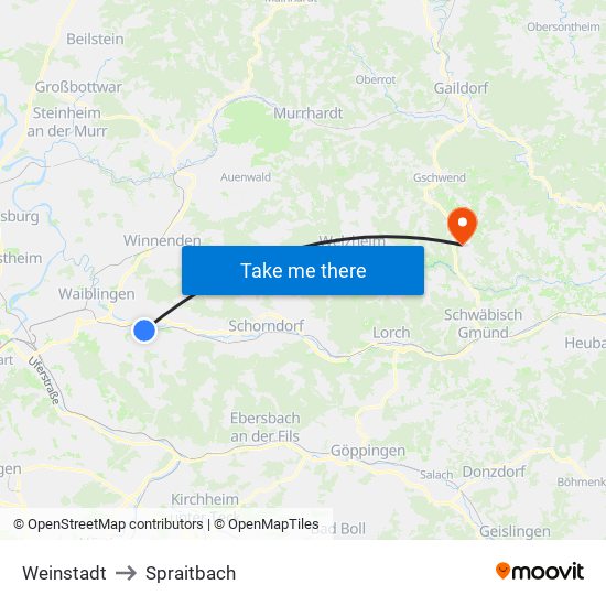 Weinstadt to Spraitbach map