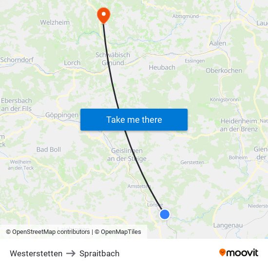 Westerstetten to Spraitbach map