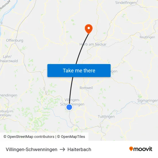 Villingen-Schwenningen to Haiterbach map