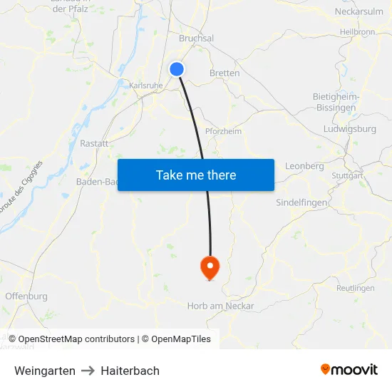 Weingarten to Haiterbach map