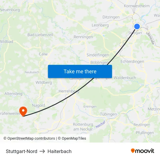 Stuttgart-Nord to Haiterbach map