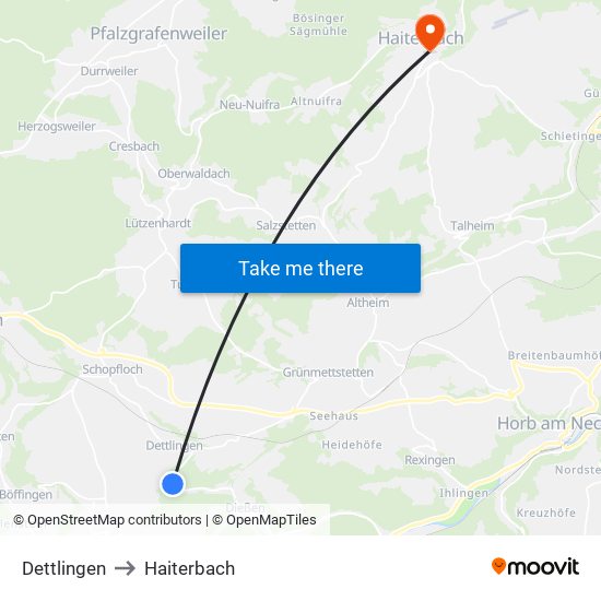 Dettlingen to Haiterbach map