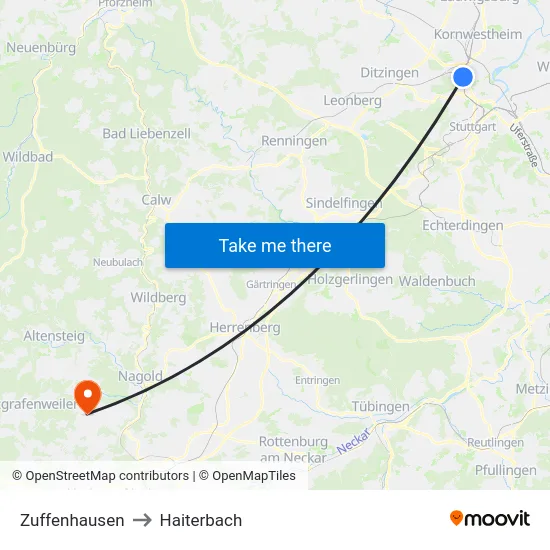 Zuffenhausen to Haiterbach map