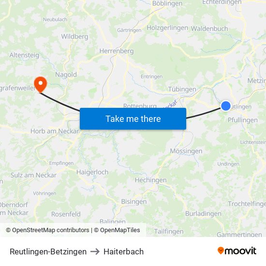 Reutlingen-Betzingen to Haiterbach map