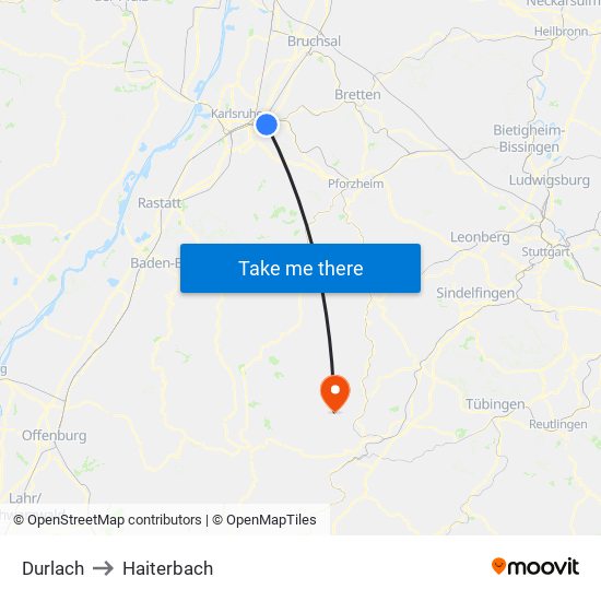 Durlach to Haiterbach map