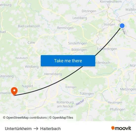 Untertürkheim to Haiterbach map