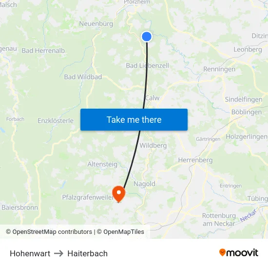 Hohenwart to Haiterbach map