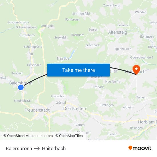 Baiersbronn to Haiterbach map