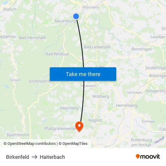 Birkenfeld to Haiterbach map