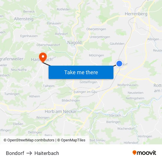 Bondorf to Haiterbach map