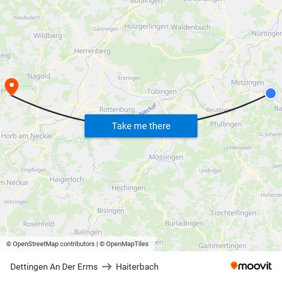 Dettingen An Der Erms to Haiterbach map