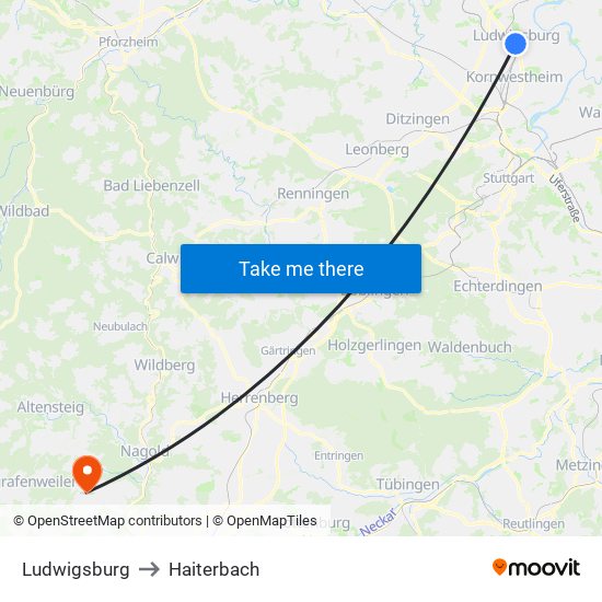 Ludwigsburg to Haiterbach map