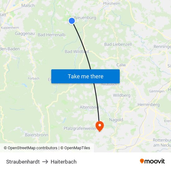 Straubenhardt to Haiterbach map