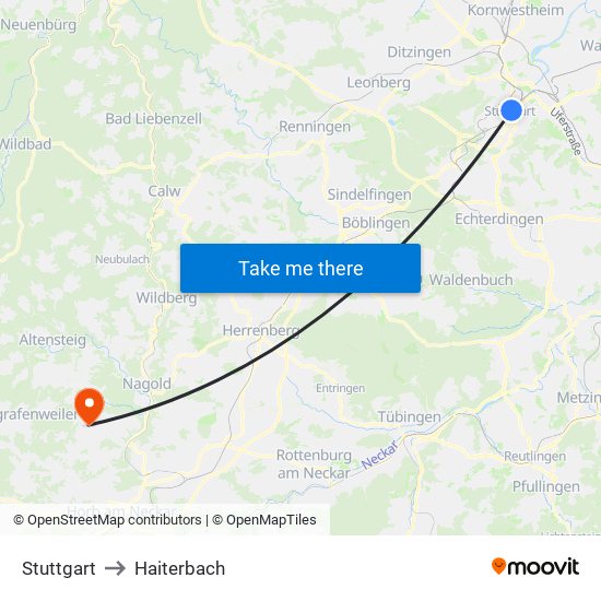 Stuttgart to Haiterbach map