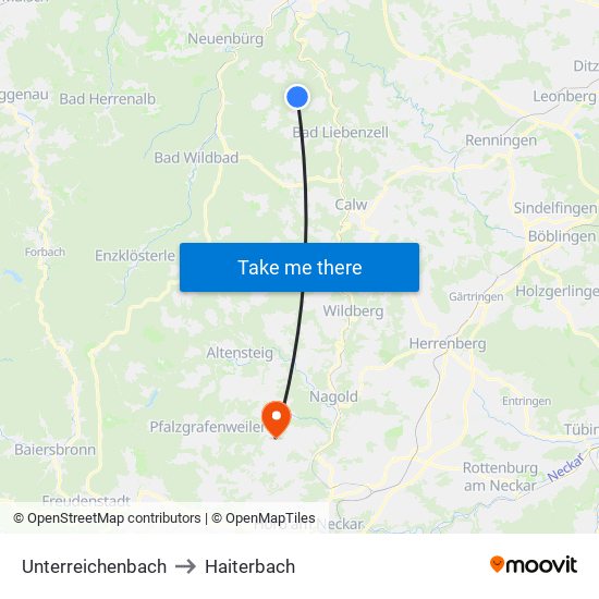 Unterreichenbach to Haiterbach map