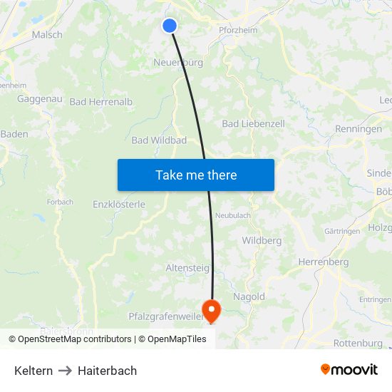 Keltern to Haiterbach map