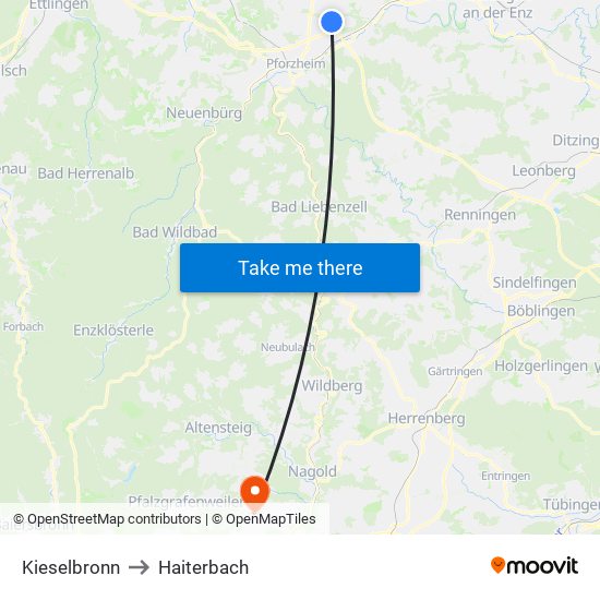 Kieselbronn to Haiterbach map