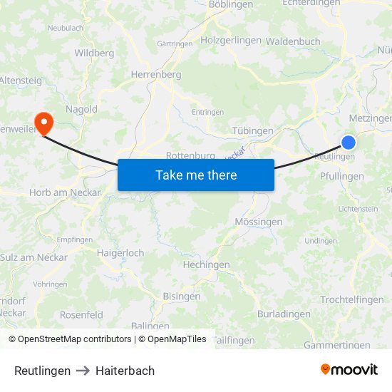 Reutlingen to Haiterbach map