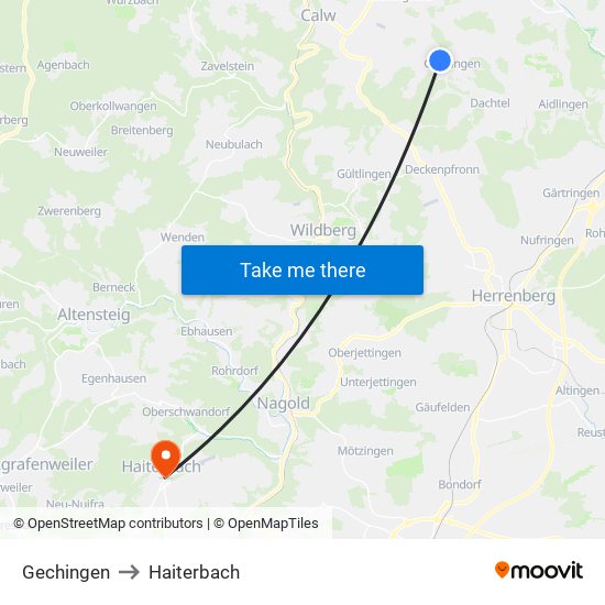 Gechingen to Haiterbach map