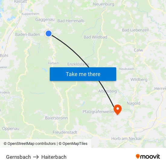 Gernsbach to Haiterbach map