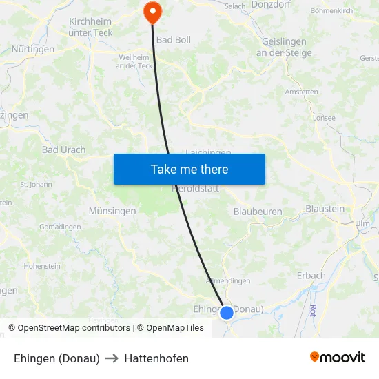 Ehingen (Donau) to Hattenhofen map