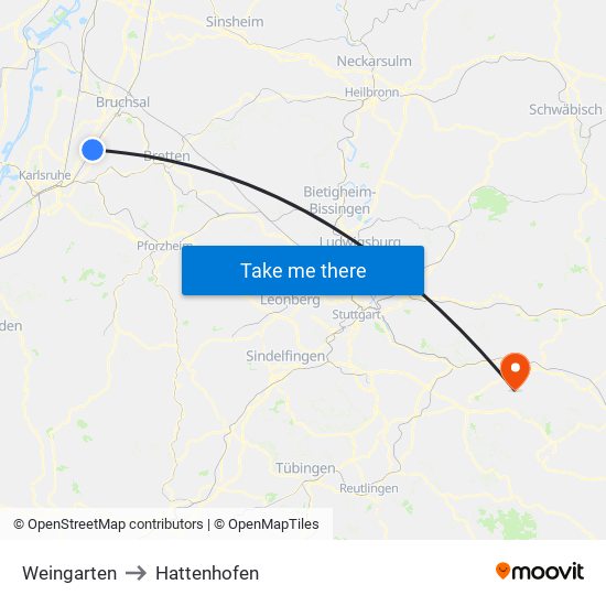 Weingarten to Hattenhofen map