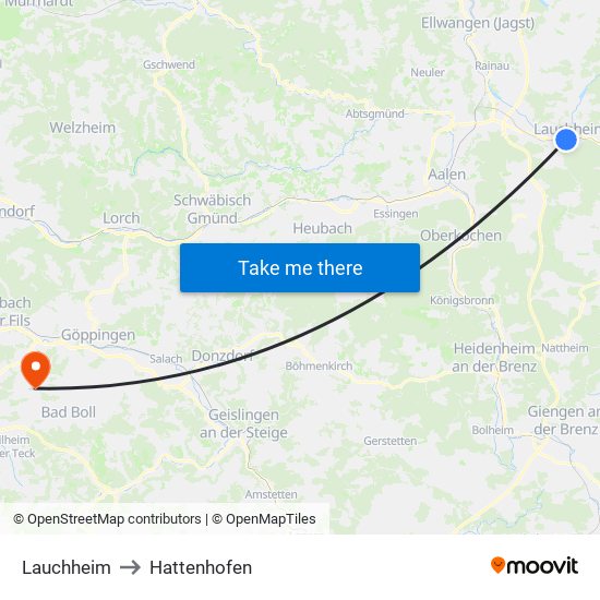 Lauchheim to Hattenhofen map